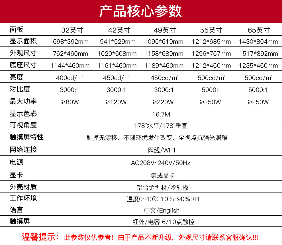 卧式触摸查询一体机产品核心参数