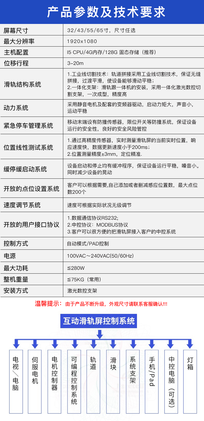 滑动滑轨屏定制 产品参数及技术要求