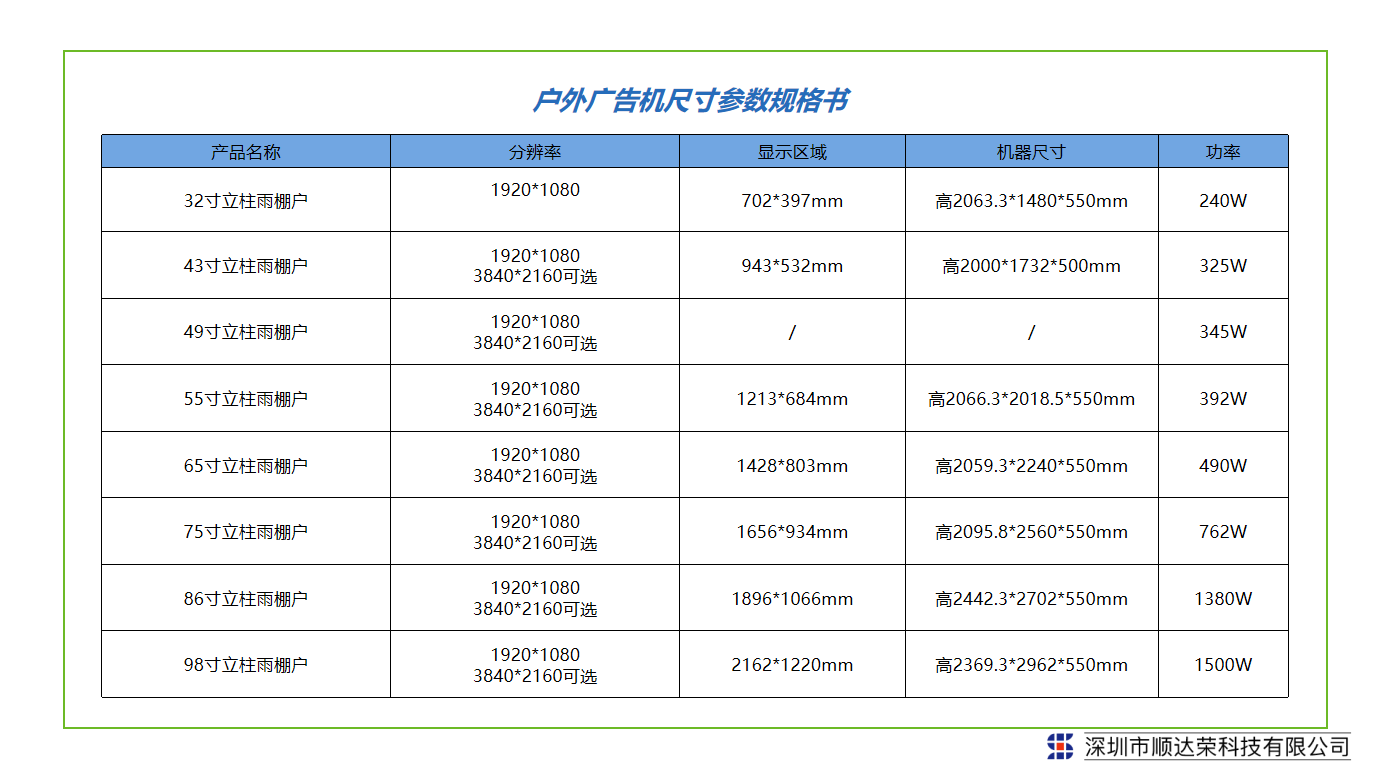 户外广告机尺寸参数规格书